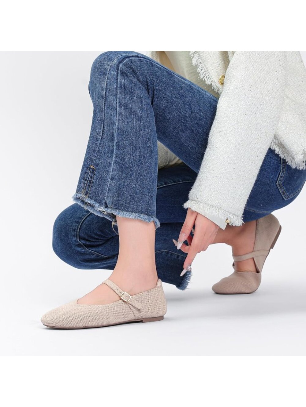 Women's Almond Comfortable Round Toe Ballet Flats with Strap Knit Mary Jane Shoe - Picture 5 of 6